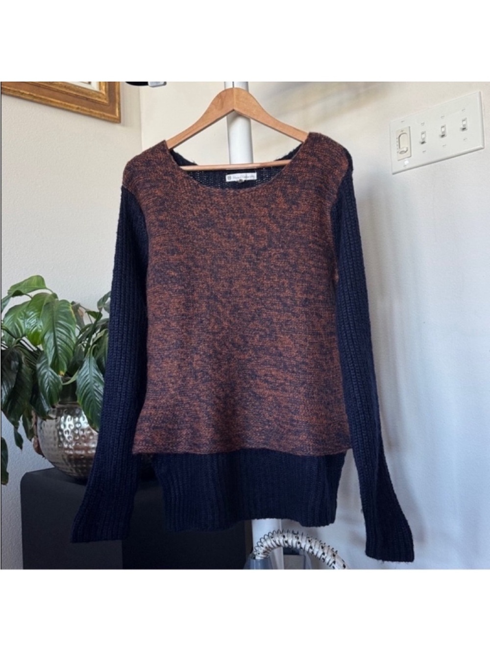 House of Harlow Mohair Blend Knit Sweater Sz L High Low Boatneck Navy brown